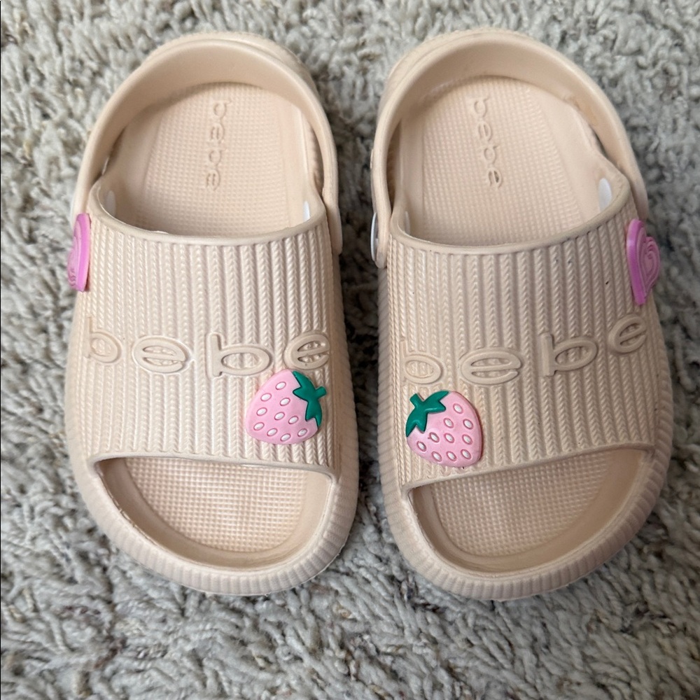 bebe Beige Slide Sandals with Pink Strawberry Accents